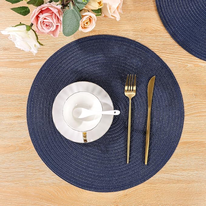 SHACOS Round Placemats Set of 8 Washable 15 inch Round Table Mats Cotton Polyester Woven Braided Place Mats for Dining Table, Navy
