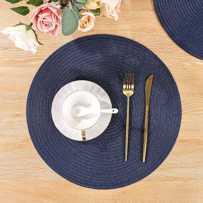 SHACOS Round Placemats Set of 8 Washable 15 inch Round Table Mats Cotton Polyester Woven Braided Place Mats for Dining Table, Navy