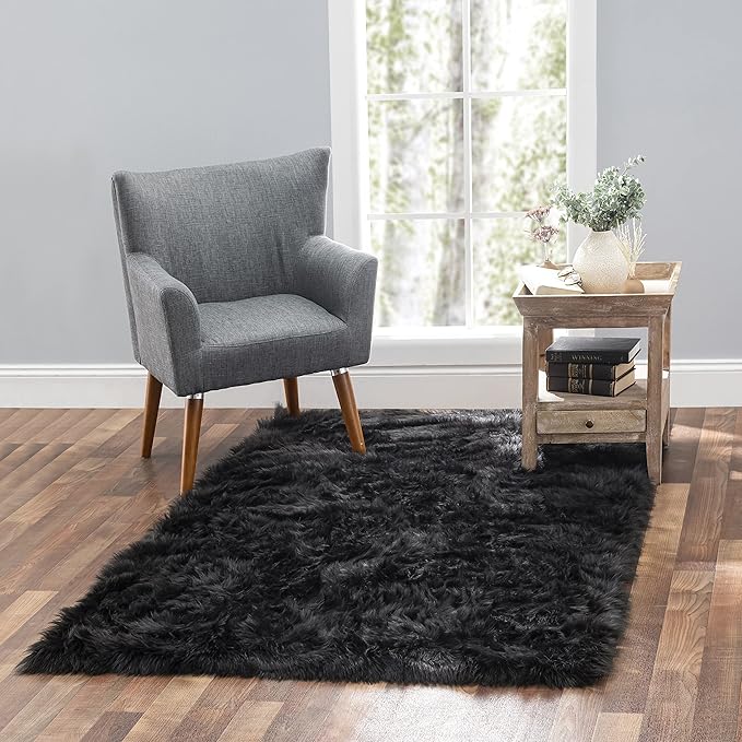 Silky Soft Faux Fur Rug, Sheepskin Area Rug, Shaggy Rug for Living Room, Bedroom, Kid's Room, or Nursery, Home Décor Accent, Machine Washable with Non-Slip Backing (Black, Rectangle (5'x8'))