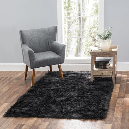 Silky Soft Faux Fur Rug, Sheepskin Area Rug, Shaggy Rug for Living Room, Bedroom, Kid's Room, or Nursery, Home Décor Accent, Machine Washable with Non-Slip Backing (Black, Rectangle (5'x8'))