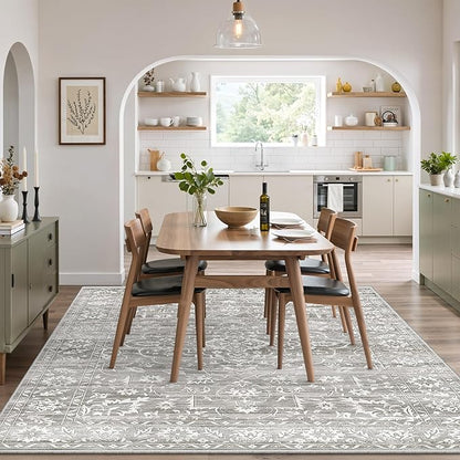 6x9 Area Rugs for Living Room, Stain Resistant Washable Rugs for Dining Room, Floral Vintage Non-Slip Gray Thin Area Rug(Grey, 6'x9')