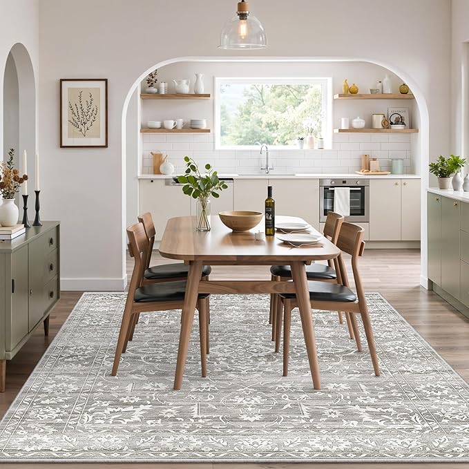 Area Rugs 5x7 for Living Room, Floral Washable Rugs for Dining Room, Bedroom, Vintage Non-Slip Gray Thin Area Rug(Grey, 5'x7')