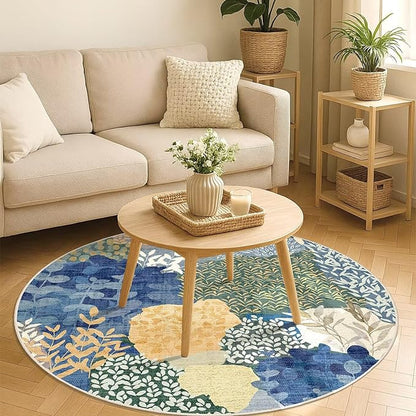 DEXDE Round Rug 5ft Washable Circle Area Rugs Non Slip Low Pile Boho Floral Large Circular Carpet for Bedroom Bathroom Entryway Kids Room Office Dining Room,Blue