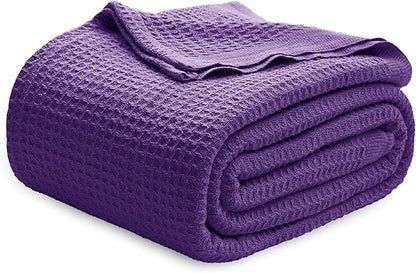 Bedsure Gentlesoft 100% Cotton Blanket Queen Size for Bed - Breathable and Soft, Thick Cozy Waffle Weave Christmas Blanket Gift for Women, Purple, 90x90 Inches