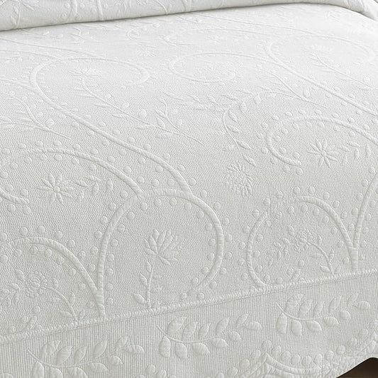 MarCielo 3-Piece 100% Cotton Oversized Bedspread Lightweight Quilt Coverlet Embroidery Farmhouse Bedding Set (TX Bright White, Oversized Queen (100"x106"))