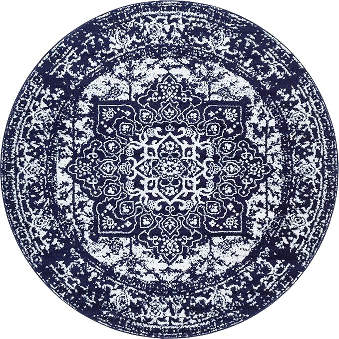 Rugs.com Arlington Collection Rug – 8 Ft Round Navy Blue Medium-Pile Rug Perfect for Kitchens, Dining Rooms