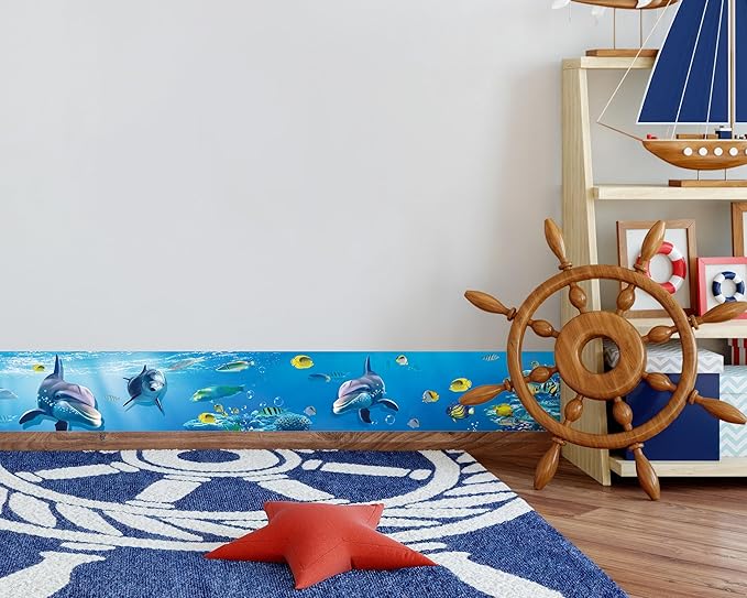FLFK Peel and Stick Wallpaper Border Wall Decals for Kids Room - Under The Sea Fish Stickers Murals, 8" x 240" (Blue)