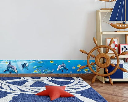 FLFK Peel and Stick Wallpaper Border Wall Decals for Kids Room - Under The Sea Fish Stickers Murals, 8" x 240" (Blue)
