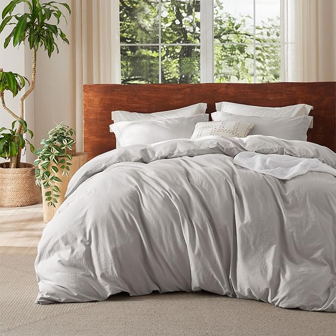 Bedsure 100% Washed Cotton Duvet Cover Queen Size - Light Grey Minimalist Cotton Duvet Cover Linen Like for All Seasons - GentleSoft™ Plain Simple Bedding (Queen, 90"x90")