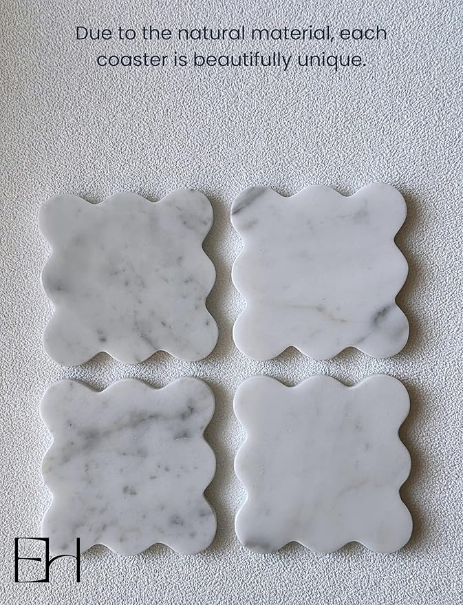 Marble Coasters Set of 4 - Natural Stone Coaster for Drinks, Modern Cup Holders, Bar Coffee Table Desk Decor, Cool Home Decor 4" (Calacatta White, Scalloped Square)