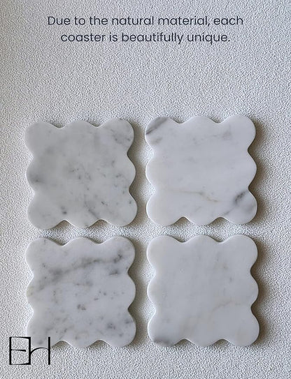 Marble Coasters Set of 4 - Natural Stone Coaster for Drinks, Modern Cup Holders, Bar Coffee Table Desk Decor, Cool Home Decor 4" (Calacatta White, Scalloped Square)