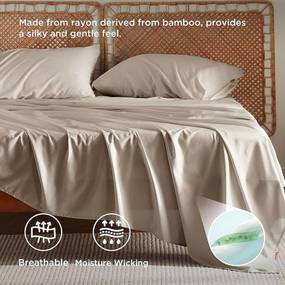 Bedsure King Size Sheets Set, Cooling Sheets for Hot Sleepers, Rayon Derived from Bamboo, Breathable & Soft, Deep Pocket Up to 16 Inches, Hotel Luxury Silky Bedding, Simply Taupe