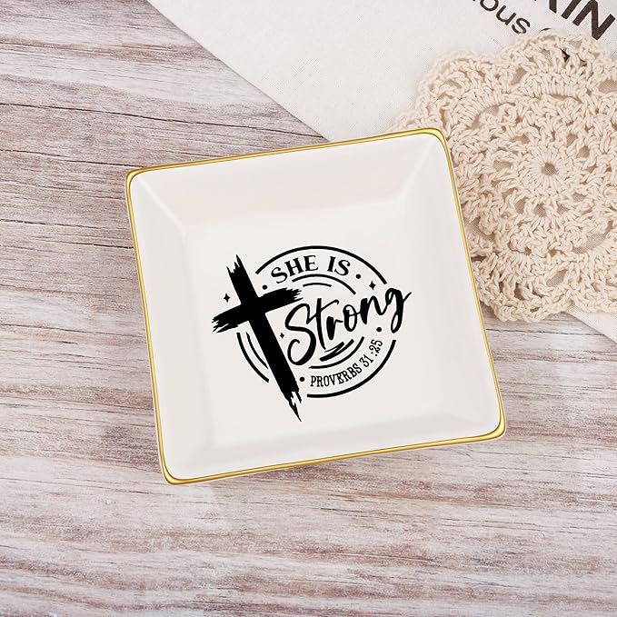 JoycuFF Christian Gifts for Women - Ceramic Trinket Dish Tray, Religious Confirmation & Baptism Gifts for Girls