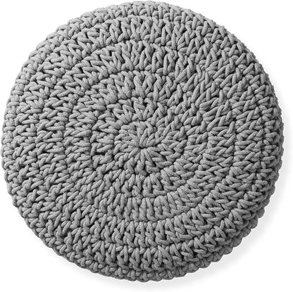 Casafield Pouf Ottoman Footstool, 13" Round x 11" High, Hand-Knitted Cotton Footrest, Non-Skid Wood Legs, Boho Foot Stool for Living Room, Bedroom (Light Gray)