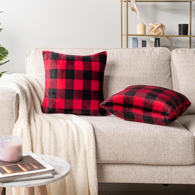 PAVILIA Checker Plaid Throw Pillow Covers 18x18 Set of 2, Decorative Pillow Cases for Bed Sofa Couch, Boho Aesthetic Accent Decor Cushion Bedroom Living Room, Velvet Square Euro Sham Covers, Black Red