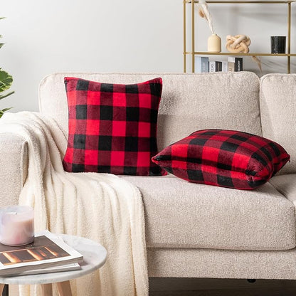 PAVILIA Checker Plaid Throw Pillow Covers 18x18 Set of 2, Decorative Pillow Cases for Bed Sofa Couch, Boho Aesthetic Accent Decor Cushion Bedroom Living Room, Velvet Square Euro Sham Covers, Black Red