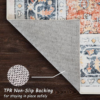 vivorug 4x6 Rug, Boho Small Area Rug for Living Room, Bedroom, Kitchen, Machine Washable Non-Slip Throw Rug, Vintage Floral Carpet for Entryway Nursery Coffee Table - Durable (Orange/Navy)