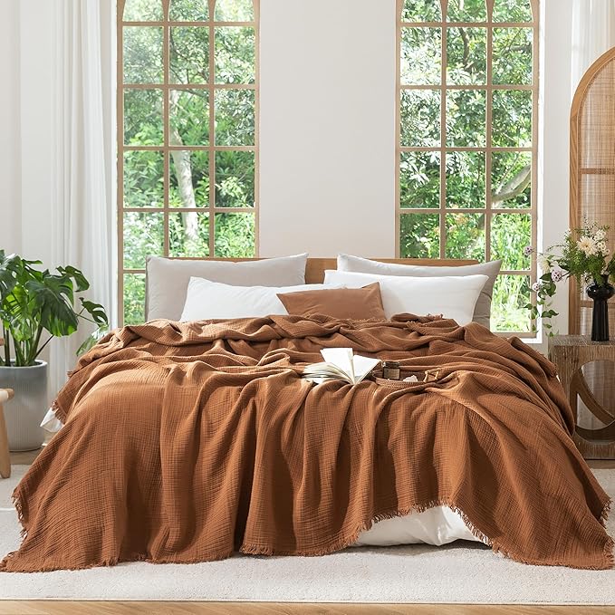 MooMee Muslin Blanket - 100% Cotton 4-Layer Gauze Throw Blanket with All-Around Fringe, Ultra-Soft Breathable Lightweight Cooling Decorative for Bed, Sofa & Couch (Drak Orange,Super King 108" x 98")