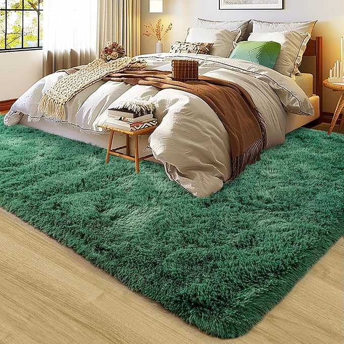 Large 9x12 Area Rugs for Living Room, Ultra Soft Shag Living Room Rug Thick Fluffy Rug for Bedroom, Plush Fuzzy Carpet for Girls Boys Kids Room Non Slip Dorm for Home Decor Aesthetic, Dark Green