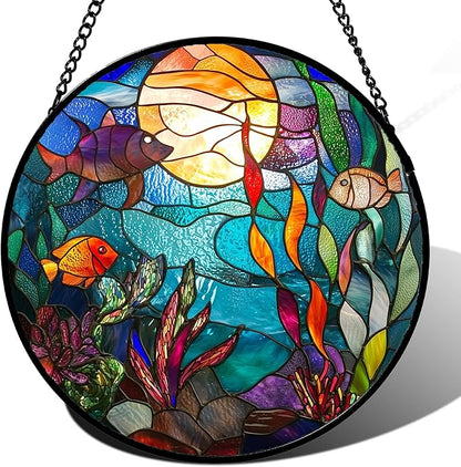 Stained Glass Window Hanging - Blue Ocean World Small Fish Coral Sun Catcher for Door Garden Home Decor Sea Suncatcher Christmas Mother's Day Birthday Gifts for Women Men Mom Nana 11.8 in