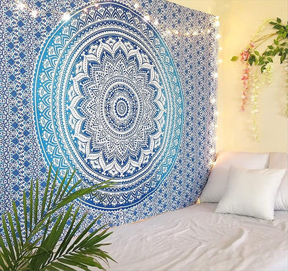 raajsee Indian Cotton Aqua Blue Tapestry Mandala Wall Hangings- Tapestry For Bedroom - Indie Wall Tapestry Hippie Room Decor - Boho Small Tapestrys Aesthetic 30x40 Inch