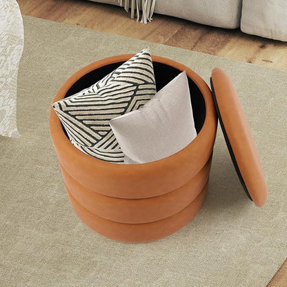 DAGONHIL Round Storage Ottoman PU Leather Footrest, Hidden Storage Ottoman Stool, Multi-Functional Coffee Table for Living Room, Bedroom, Entryway, Brown