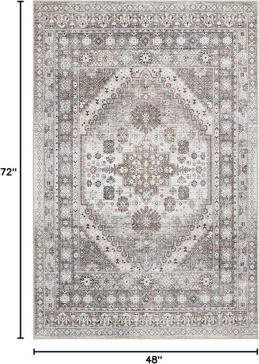 zesthome 4x6 Rug - Stain Resistant Washable Rug, Anti Slip Backing Rugs for Living Room, Foldable Vintage Small Area Rugs (Brown/Beige,4'x6')