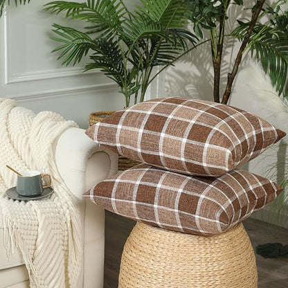 Stellhome Pack of 2 Linen Buffalo Check Throw Pillow Covers, Farmhouse Plaid Decorative Cushion Covers for Couch Sofa Living Room, 16x16 Inch, Check-Chocolate