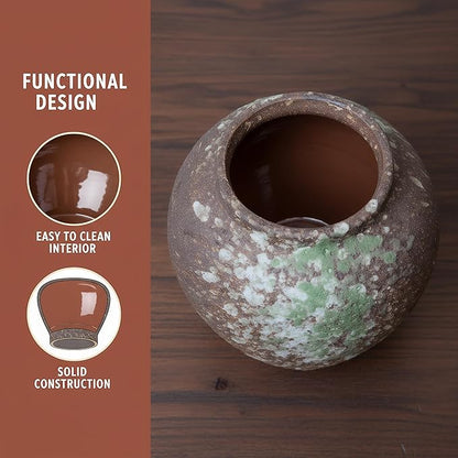 Rustic Farmhouse Ceramic Vase Home Decor,Handmade Vintage Stoneware Clay Pottery Terracotta Textured for Modern Farmhouse, Living Room, Office Desk Table Shelf(Brown) 6IN