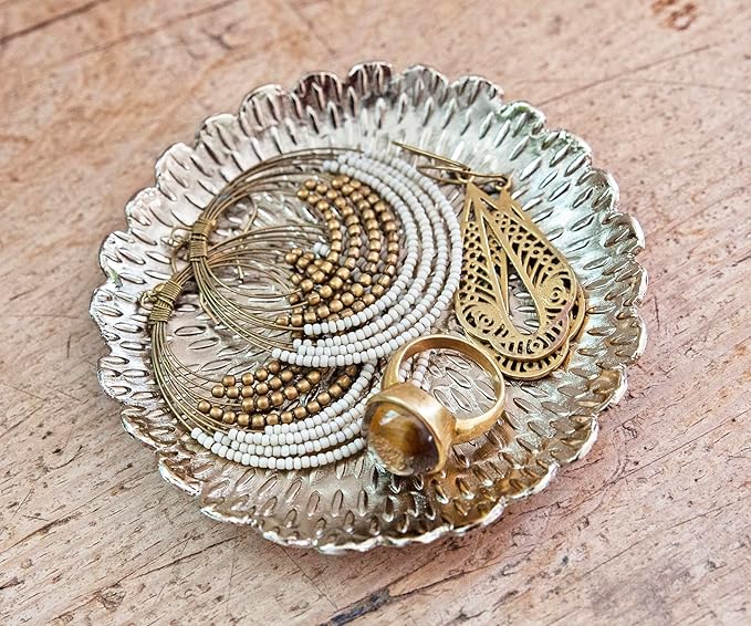 Brass Jewelry Tray with Design – Gold Color Circular Small Round Spoon Rest Candle Holder Soap Dish - Perfect Catchall for Wax Candles, Jewelry, Rings, and Trinkets