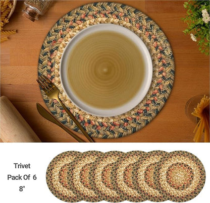 Homespice Russet Jute Braided Kitchen Trivets for Hot Dishes, Warm Country Decor, Set of 6, Multicolor 8" Round Heat Resistant Mat - Rich Colors, Easy to Clean, Durable and Protects Furniture