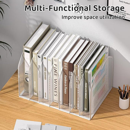 White 7-Section File Folder Organizer for Desk – Metal Vertical File Holder, Desktop File Organizer Vertical Stand, Letter/A4 Folder Rack, Upright File Sorter, Office Paper Organizer