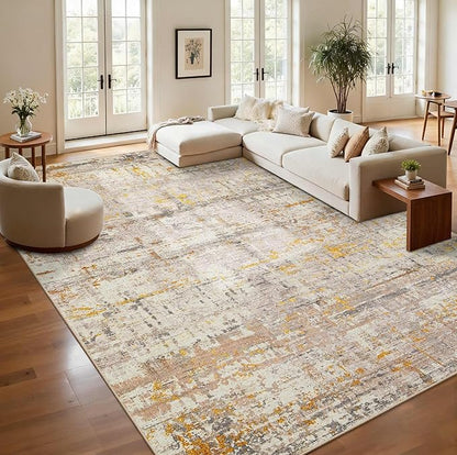 9x12 Area Rug for Living Room, Extra Large Washable Rug, Soft Neutral Abstract Rug for Bedroom, Office, Farmhouse, Low Pile Imitation Wool Non Slip Carpet Ideal for High-Traffic Areas, Beige Gold
