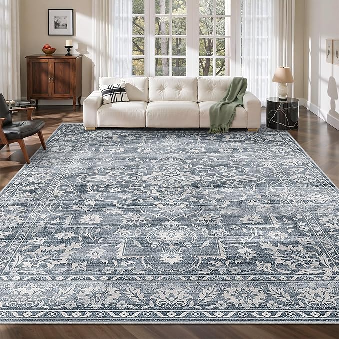 8x10 Area Rugs for Living Room, Stain Resistant Washable Rugs for Dining Room, Kitchen, Floral Vintage Non-Slip Thin Large Area Rug(Blue, 8'x10')