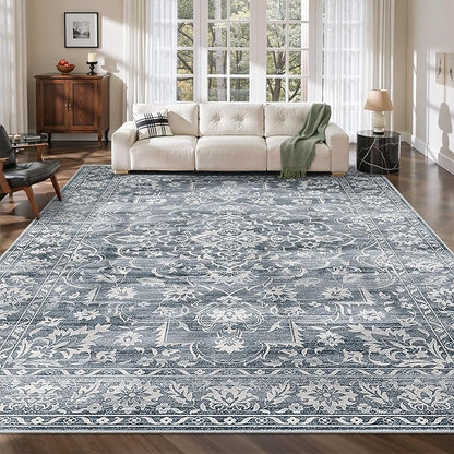 8x10 Area Rugs for Living Room, Stain Resistant Washable Rugs for Dining Room, Kitchen, Floral Vintage Non-Slip Thin Large Area Rug(Blue, 8'x10')