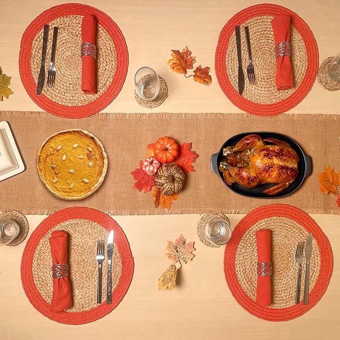 Chardin home Round Verona Woven Jute & Cotton Braided PLACEMAT (Set of 4), Size -14 inch, Round, Color - Natural Jute with Rust Orange Border