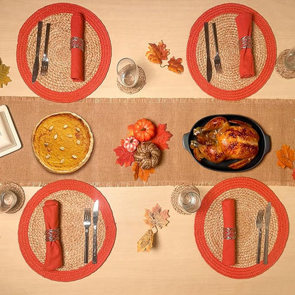 Chardin home Round Verona Woven Jute & Cotton Braided PLACEMAT (Set of 4), Size -14 inch, Round, Color - Natural Jute with Rust Orange Border