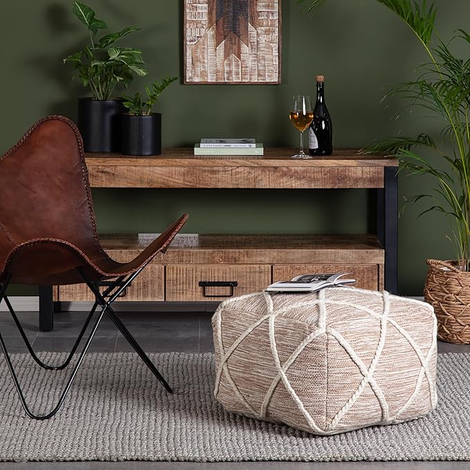 Anji Mountain 100% Handmade & Handcrafted Comfortable Home Décor Pouf Ottoman Footrest for Living Room, Bedroom, Nursery, Kidsroom, Patio Furniture - (22" x 22" x 16"- Ivory,Tan)