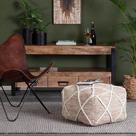 Anji Mountain 100% Handmade & Handcrafted Comfortable Home Décor Pouf Ottoman Footrest for Living Room, Bedroom, Nursery, Kidsroom, Patio Furniture - (22" x 22" x 16"- Ivory,Tan)