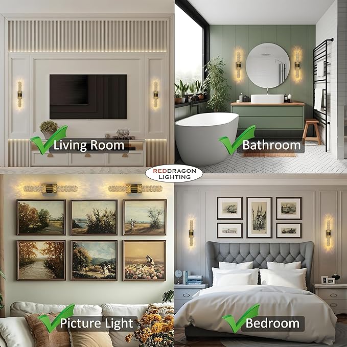 Battery Powered Crystal Wall Lights Set of 2 Rechargeable with Remote and Timmer | Small Gold Crystal Rod Wall Sconces Decor Vanity Lights for Bathroom Living Room Bedroom (2 Pack, Gold, 13.2'')