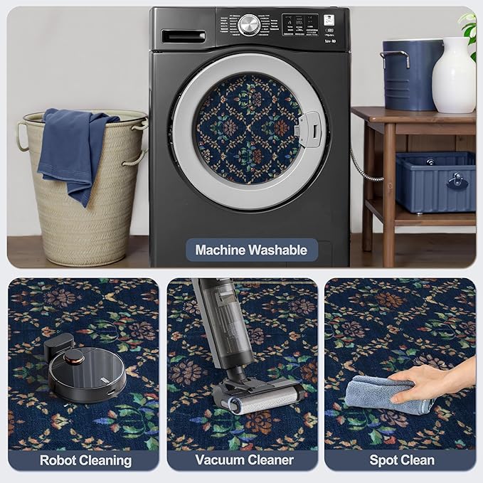 Tangsoo 2x3 Small Washable Entry Rug,Non Slip Blue Floral Throw Area Rugs for Entryway,Front Door Mats Indoor Entrance Carpet for Kitchen Office Laundry, Soft Kids & Pets Friendly