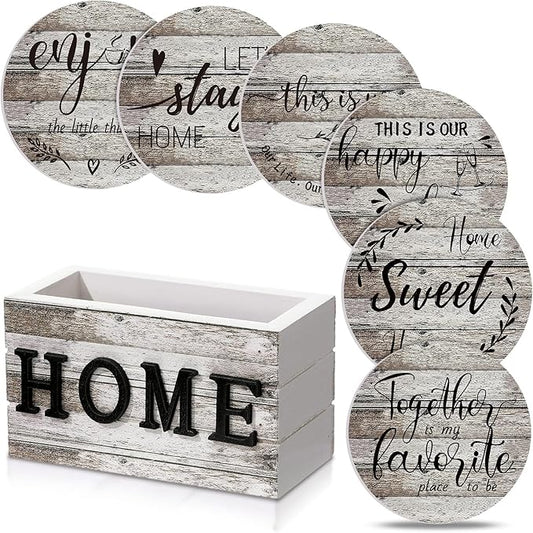 Queekay Coasters Set of 6 House Warming Gifts New Home Wooden Farmhouse Drink Coasters with Holder 4'' Funny Decoration for Kitchen Family Coffee Bar Tabletop Protection(Wood Color)