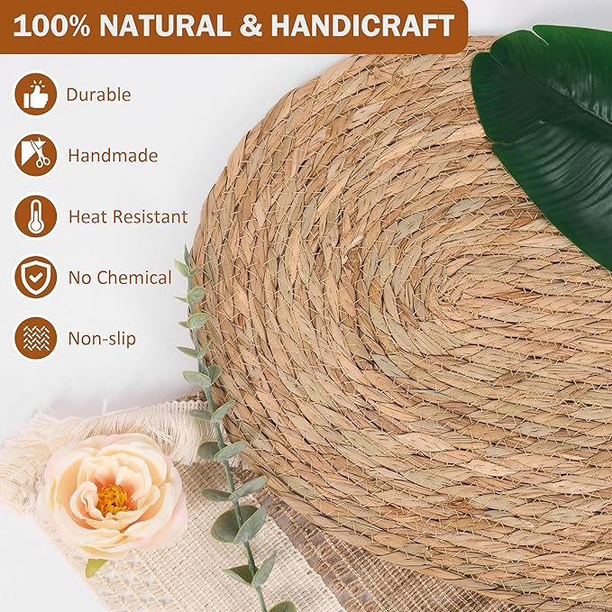 Oval Woven Placemats Set of 8, 16"x 12"Braided Rattan Table Mats,Farmhouse Rattan Chargers for Dinner Plates,Boho Vintage Table Mats for Christmas Home Dining Kitchen Parties Decoration