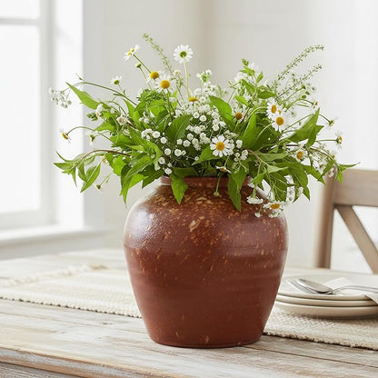 7IN Rustic Farmhouse Ceramic Vase Home Decor,Handmade Vintage Stoneware Clay Pottery Terracotta Textured for Modern Farmhouse, Living Room, Office Desk Table Shelf(Brown)