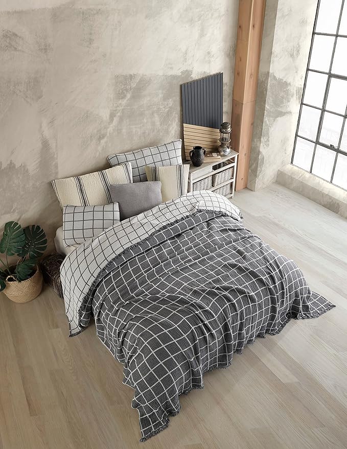Bohemian 4 Layers Gauze Lightweight Throws,Cotton Muslin Throw Blanket,Breathable Coverlet, 4 Layer Bed Cover (Gray Windowpane, Oversized 100 x 110 inches)
