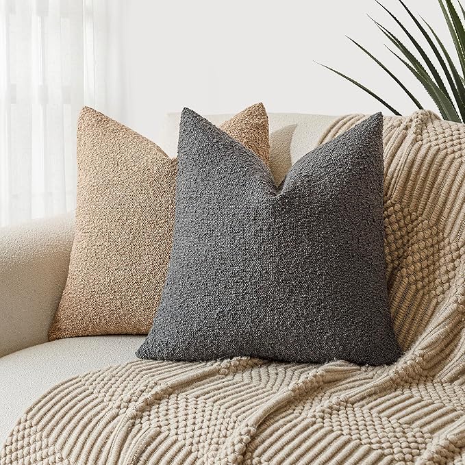 Foindtower Pack of 2, Decorative Textured Boucle Throw Pillow Covers Accent Solid Pillow Cases Cozy Soft Couch Cushion Case for Chair Sofa Bedroom Living Room Home Decor 22 x 22 Inch Dark Grey