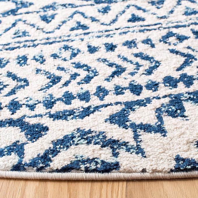 SAFAVIEH Tulum Collection Area Rug - 6'7" Round, Ivory & Navy, Moroccan Boho Tribal Design, Non-Shedding & Easy to Clean, Ideal for Living Room, Bedroom, Dining Space (TUL272D)