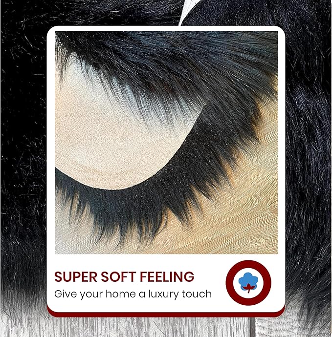 LAMBZY Faux Sheepskin Super Soft Hypoallergenic Silky Shag Rug for Living Room, Kids Room, Sofa (Double Side by Side 3'x4, Black)