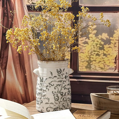 SIDUCAL Ceramic Gray and White Vase with 2-Ear, 8 Inch Ice Cracked Vintage Pastoral Vase, Rustic Farmhouse Vases for Home Decor, Table, Living Room, Shelf Decor, Chinoiserie Decor, Gray Floral Pattern
