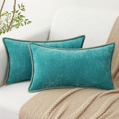 decorUhome Spring Chenille Soft Throw Pillow Covers 12x20 Set of 2, Lumbar Velvet Farmhouse Neutral Decorative Pillow Covers with Stitched Edge for Couch Sofa Bed Home Decor, Turquoise